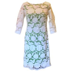 $422 Sue Wong Lace Overlay Dress 0 White Lace Over Citron Boat Neck 3/4 Sleeves